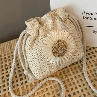 Drawstring Floral Straw Bag